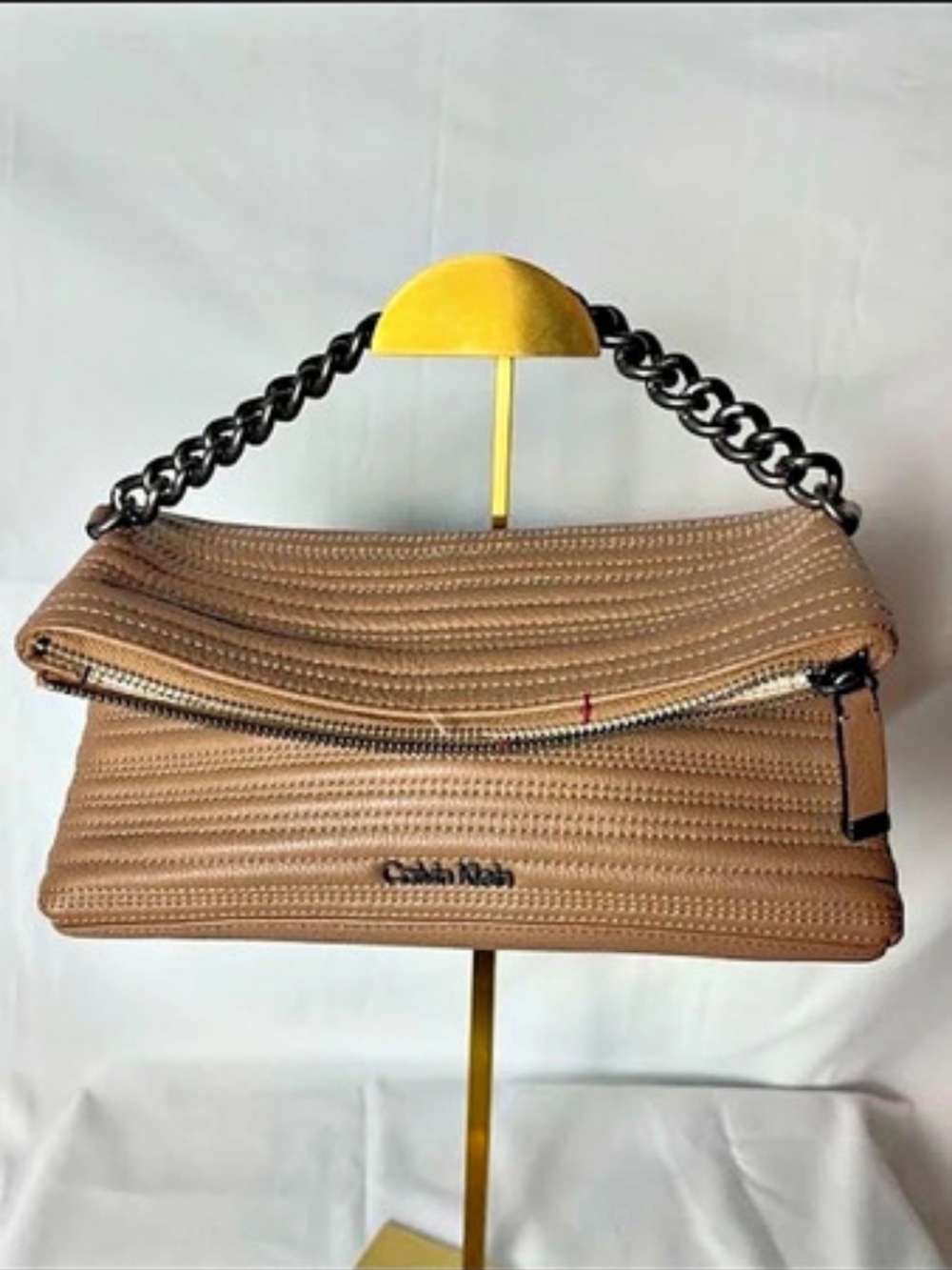 Calvin Klein Taupe Quilted Foldover Clutch Bag Gunmetal Chain Handle